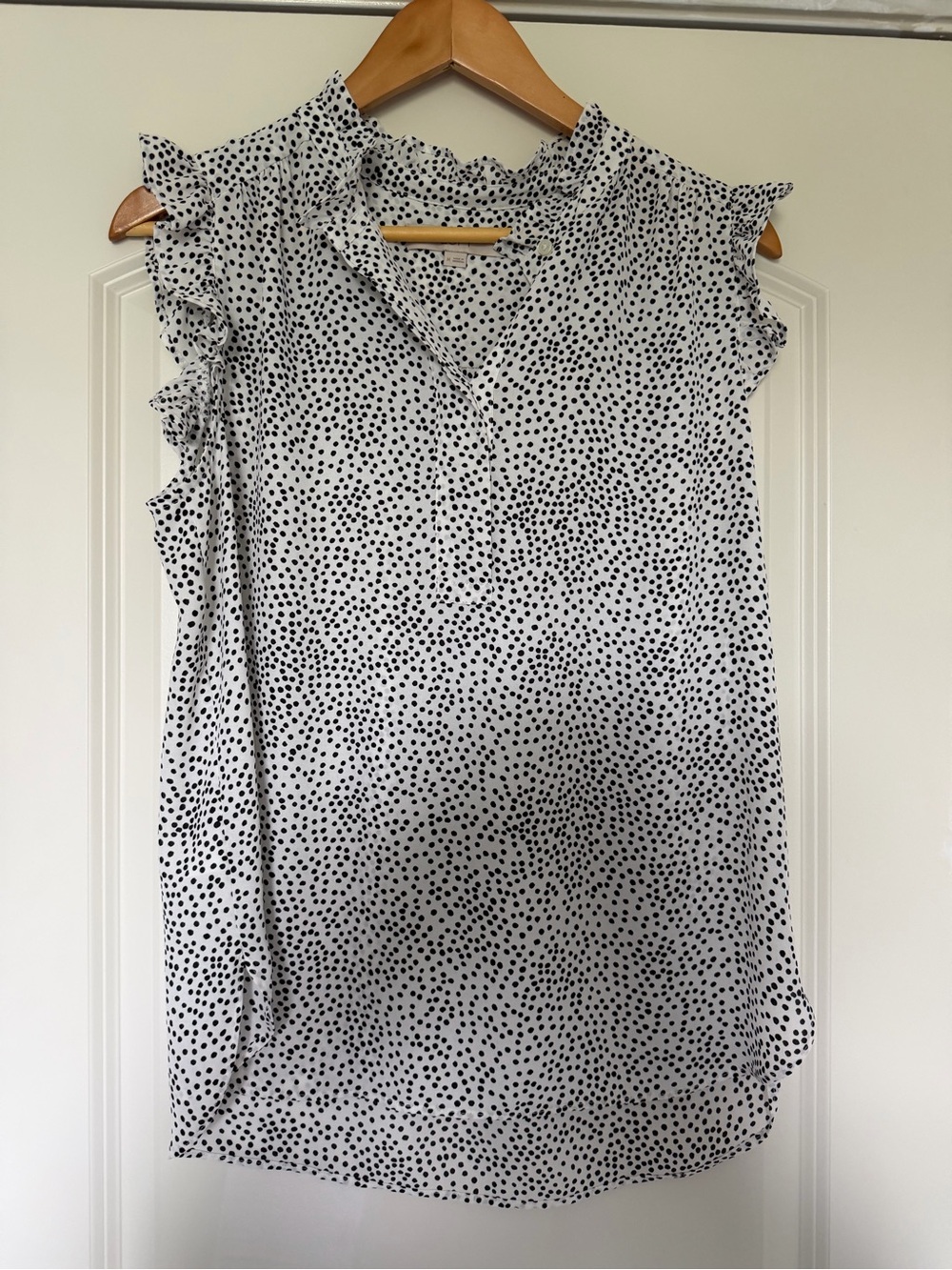LOFT White Blouse with Black Polka Dots and Ruffle Cap Sleeves